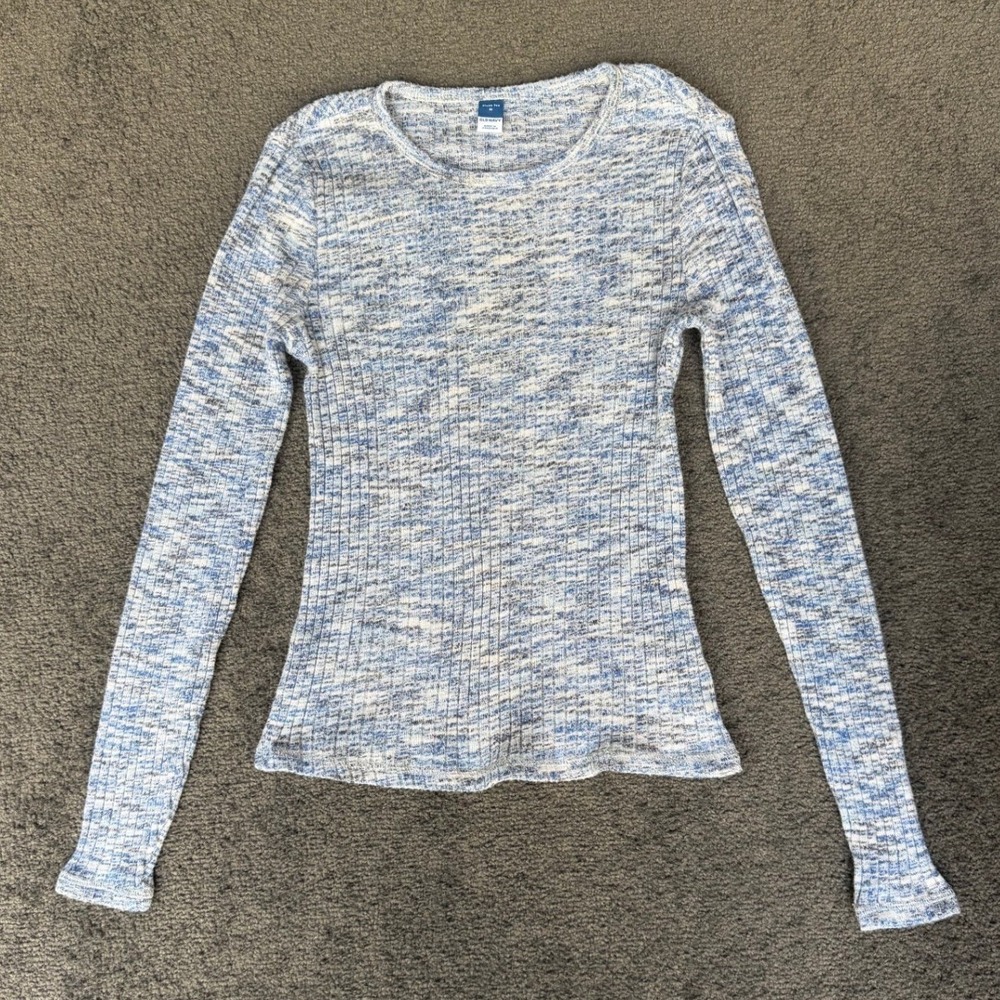 Old Navy Plush Tee Blue White Space Dye Ribbed Long Sleeve Crew Neck‎ Shirt  M